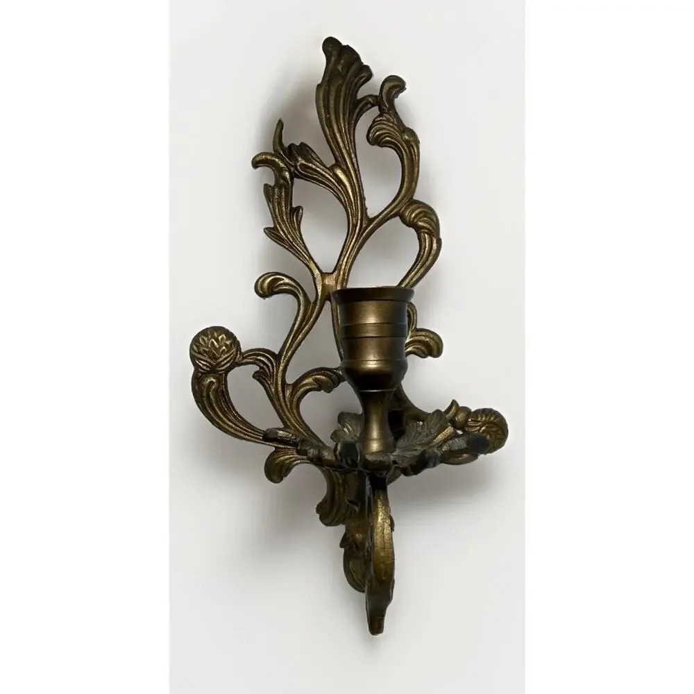 Elegant Vintage Solid Brass Floral Wall Sconce Double Candle Holder Rococo 13”